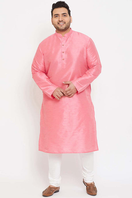 Buy Men's Silk Blend Solid Kurta Set in Pink - Front