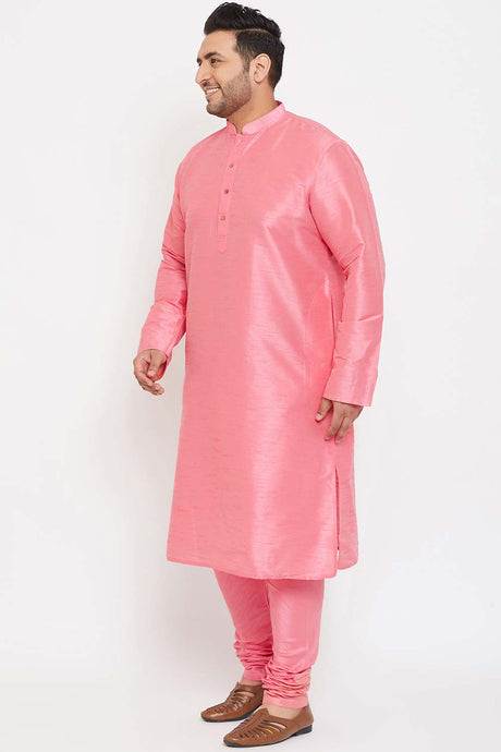 Buy Men's Silk Blend Solid Kurta Set in Pink - Side