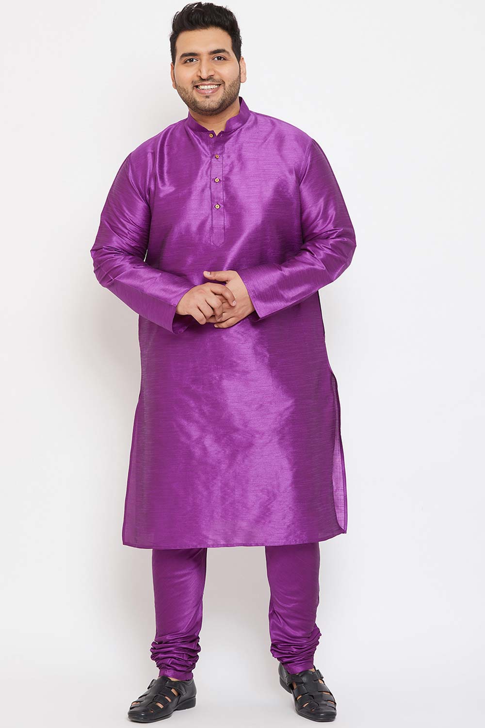 Buy Men's Silk Blend Solid Kurta in Purple - Zoom Out