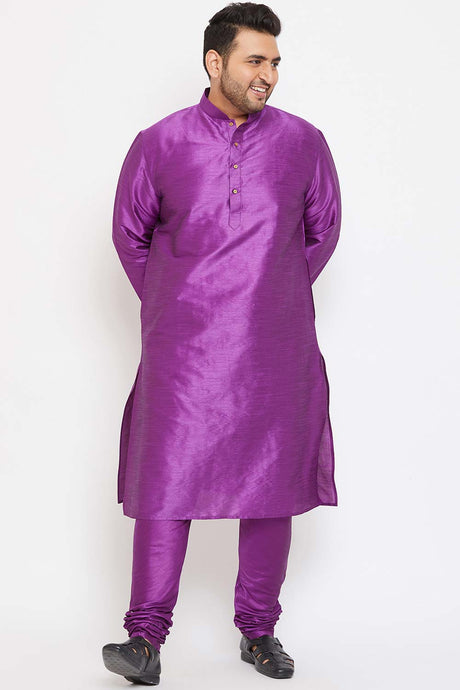 Buy Men's Silk Blend Solid Kurta Set in Purple - Front