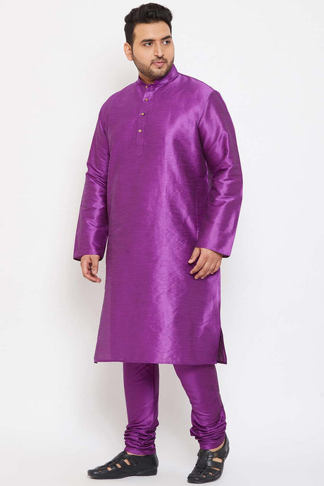 Buy Men's Silk Blend Solid Kurta Set in Purple - Side
