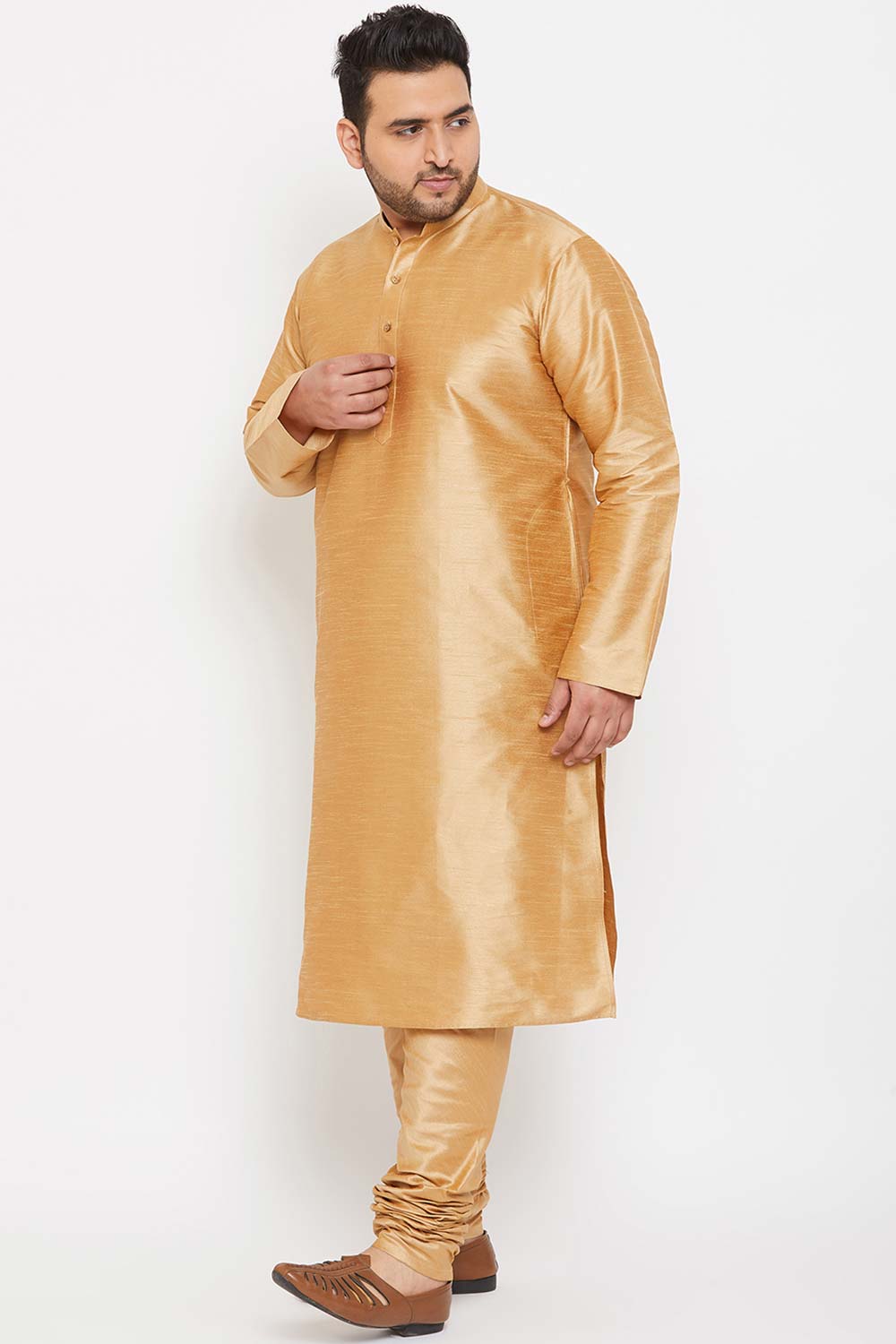 Buy Men's Silk Blend Solid Kurta Set in Rose Gold - Side