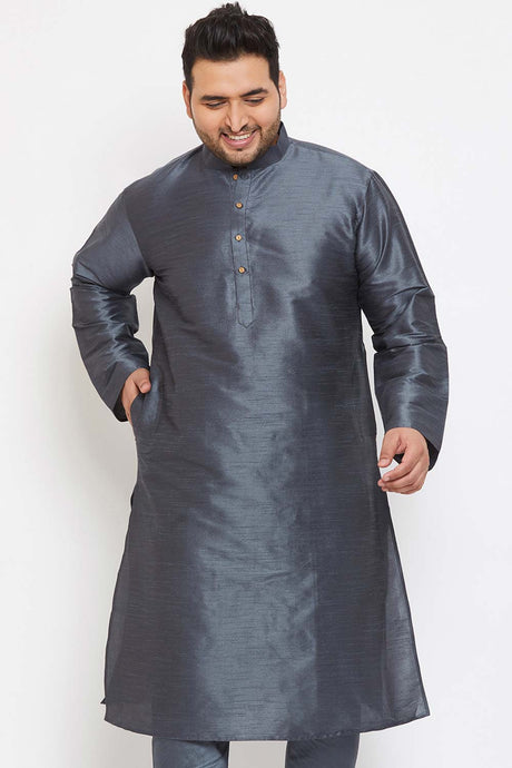 Buy Men's Silk Blend Solid Kurta in Steel Grey - Front