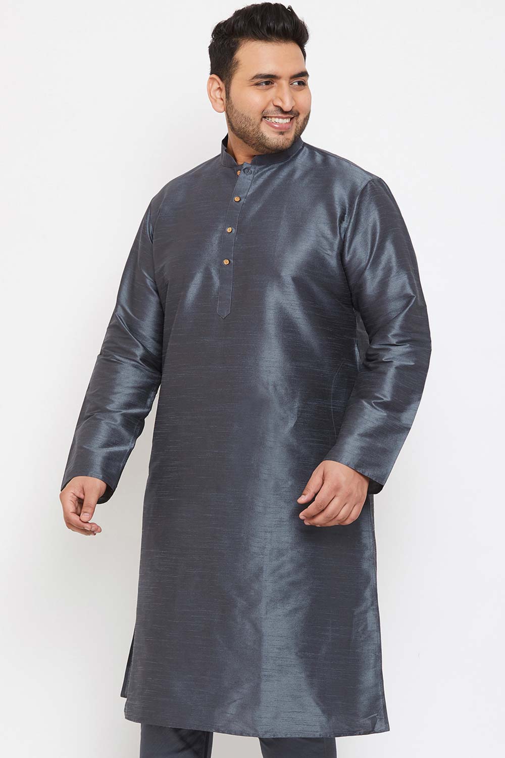 Buy Men's Silk Blend Solid Kurta in Steel Grey - Side