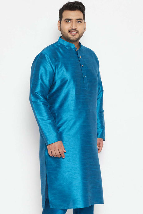 Buy Men's Silk Blend Solid Kurta in Turquoise - Side