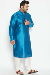 Buy Men's Silk Blend Solid Kurta Set in Turquoise - Side