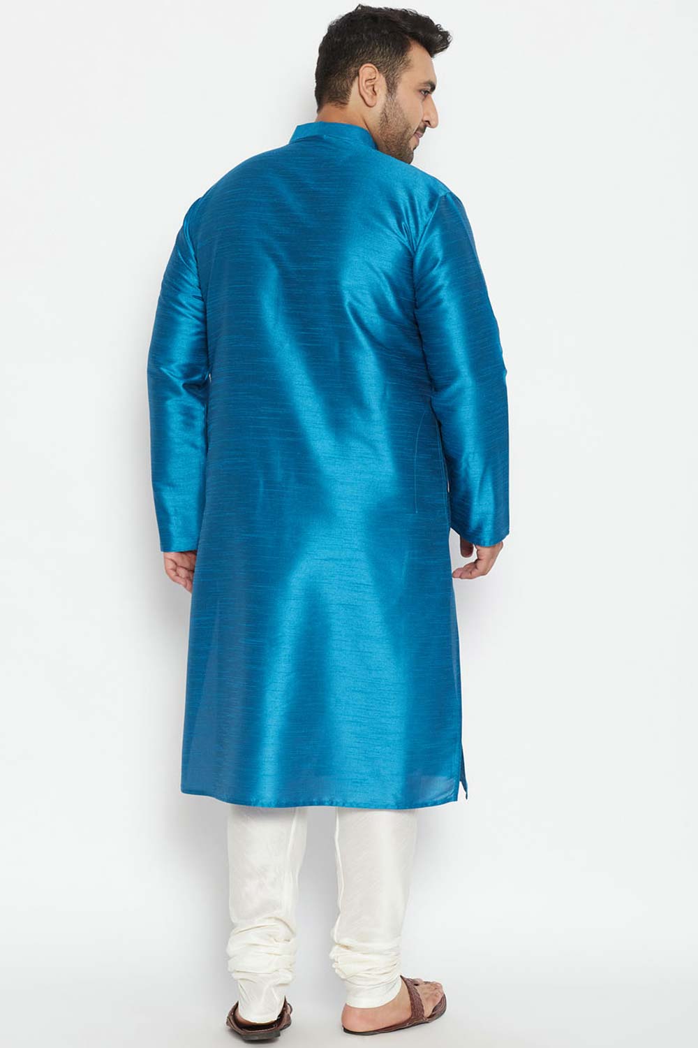 Buy Men's Silk Blend Solid Kurta Set in Turquoise - Back