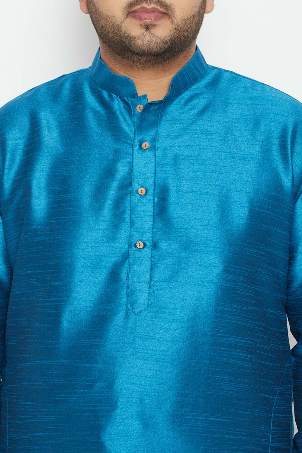 Buy Men's Silk Blend Solid Kurta Set in Turquoise - Zoom in