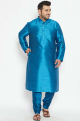 Buy Men's Silk Blend Solid Kurta Set in Turquoise - Front