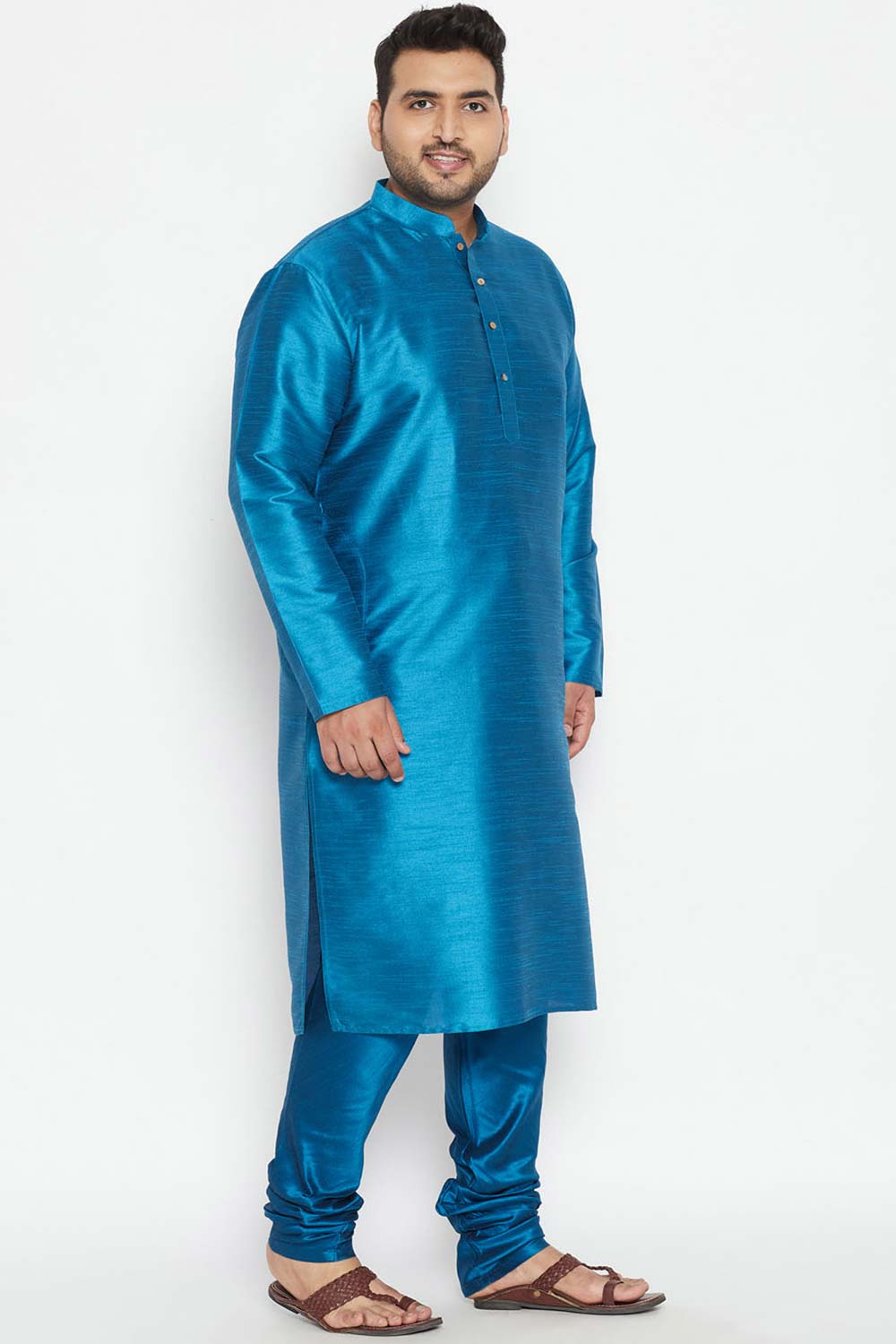Buy Men's Silk Blend Solid Kurta Set in Turquoise - Side