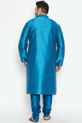 Buy Men's Silk Blend Solid Kurta Set in Turquoise - Back