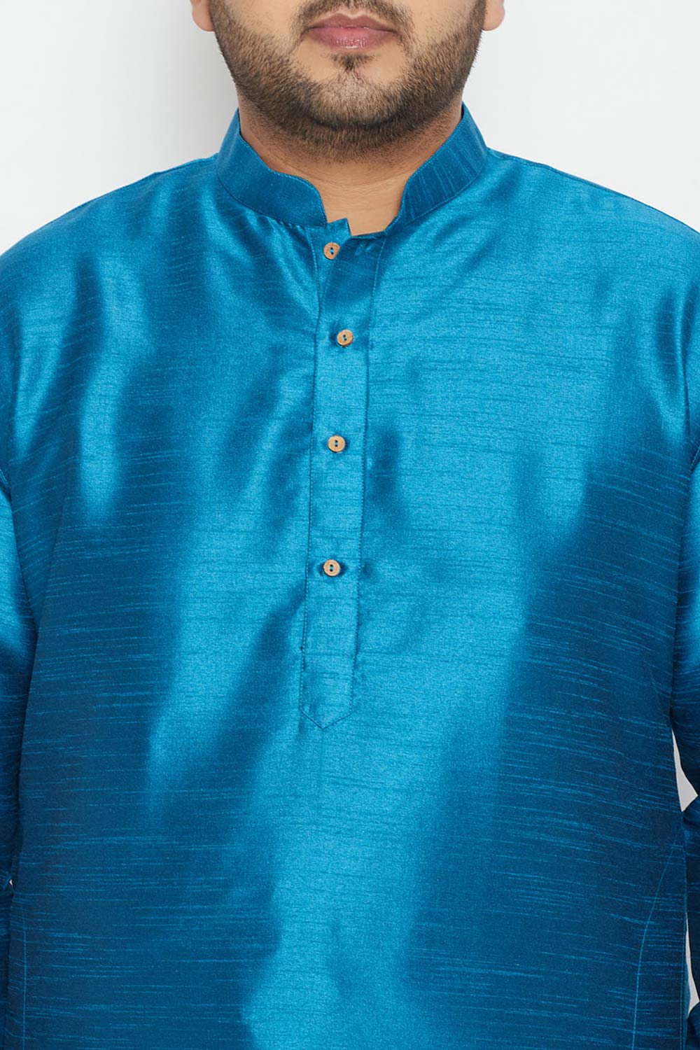 Buy Men's Silk Blend Solid Kurta Set in Turquoise - Zoom in