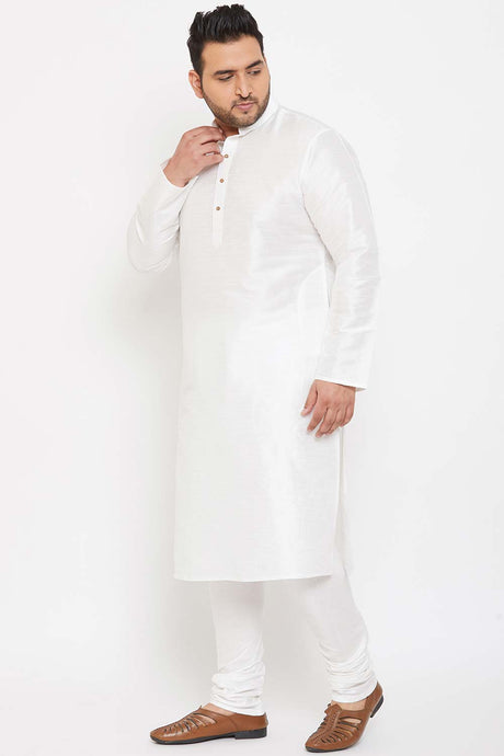 Buy Men's Silk Blend Solid Kurta Set in White - Side