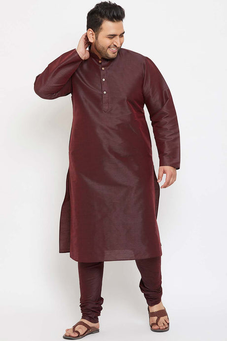 Buy Men's Silk Blend Solid Kurta Set in Wine - Front