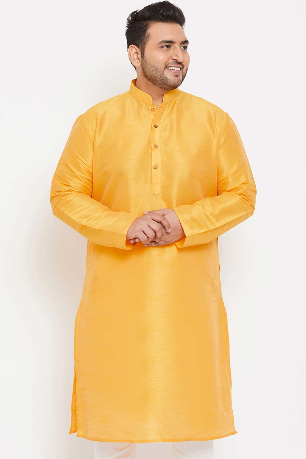 Buy Men's Silk Blend Solid Kurta in Yellow - Front