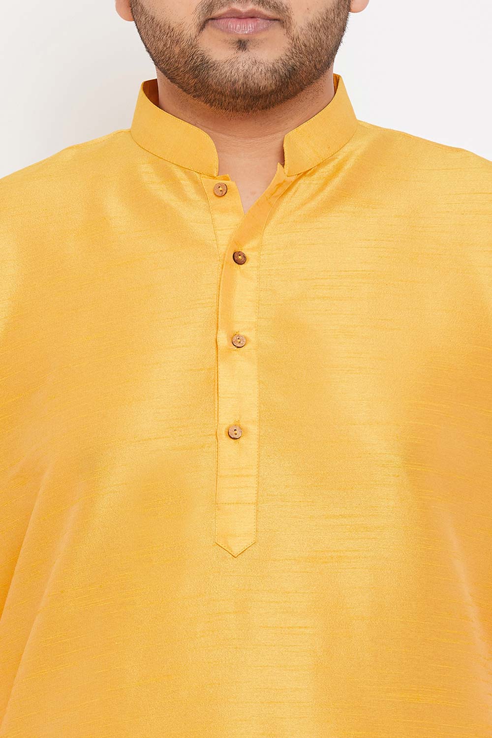 Buy Men's Silk Blend Solid Kurta in Yellow - Zoom in