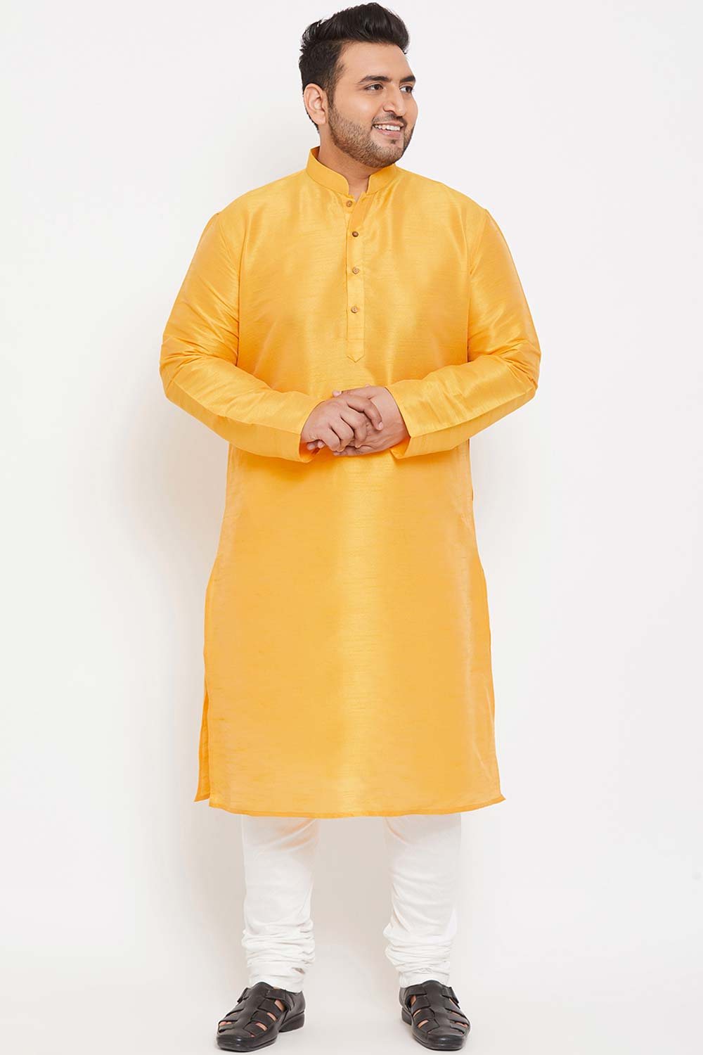 Buy Men's Silk Blend Solid Kurta in Yellow - Zoom Out