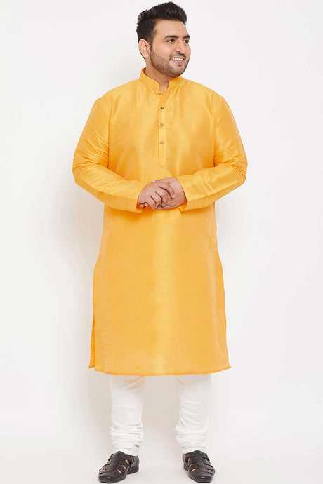 Buy Men's Silk Blend Solid Kurta Set in Yellow - Front