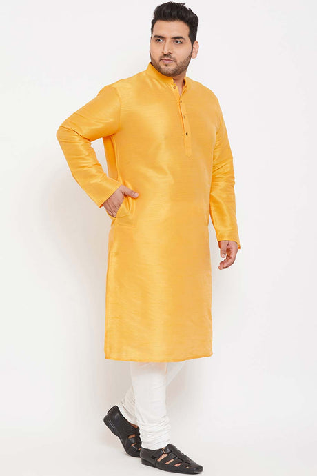 Buy Men's Silk Blend Solid Kurta Set in Yellow - Side