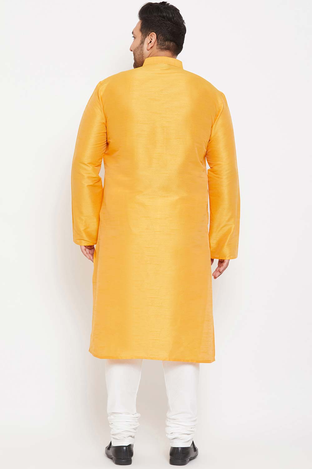 Buy Men's Silk Blend Solid Kurta Set in Yellow - Back