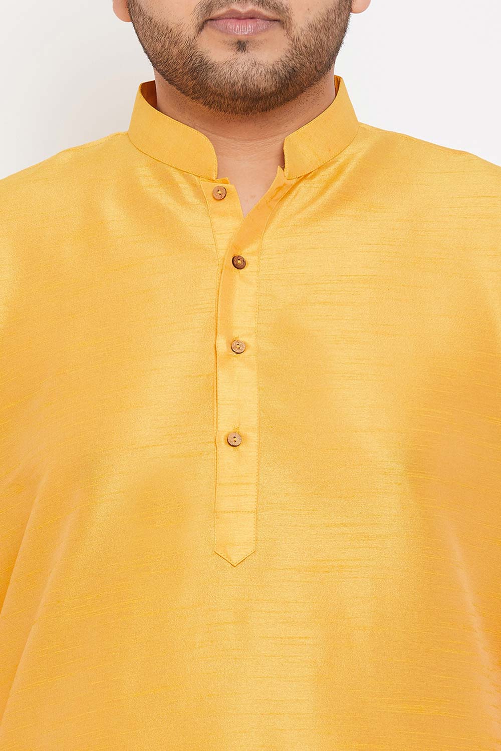 Buy Men's Silk Blend Solid Kurta Set in Yellow - Zoom in