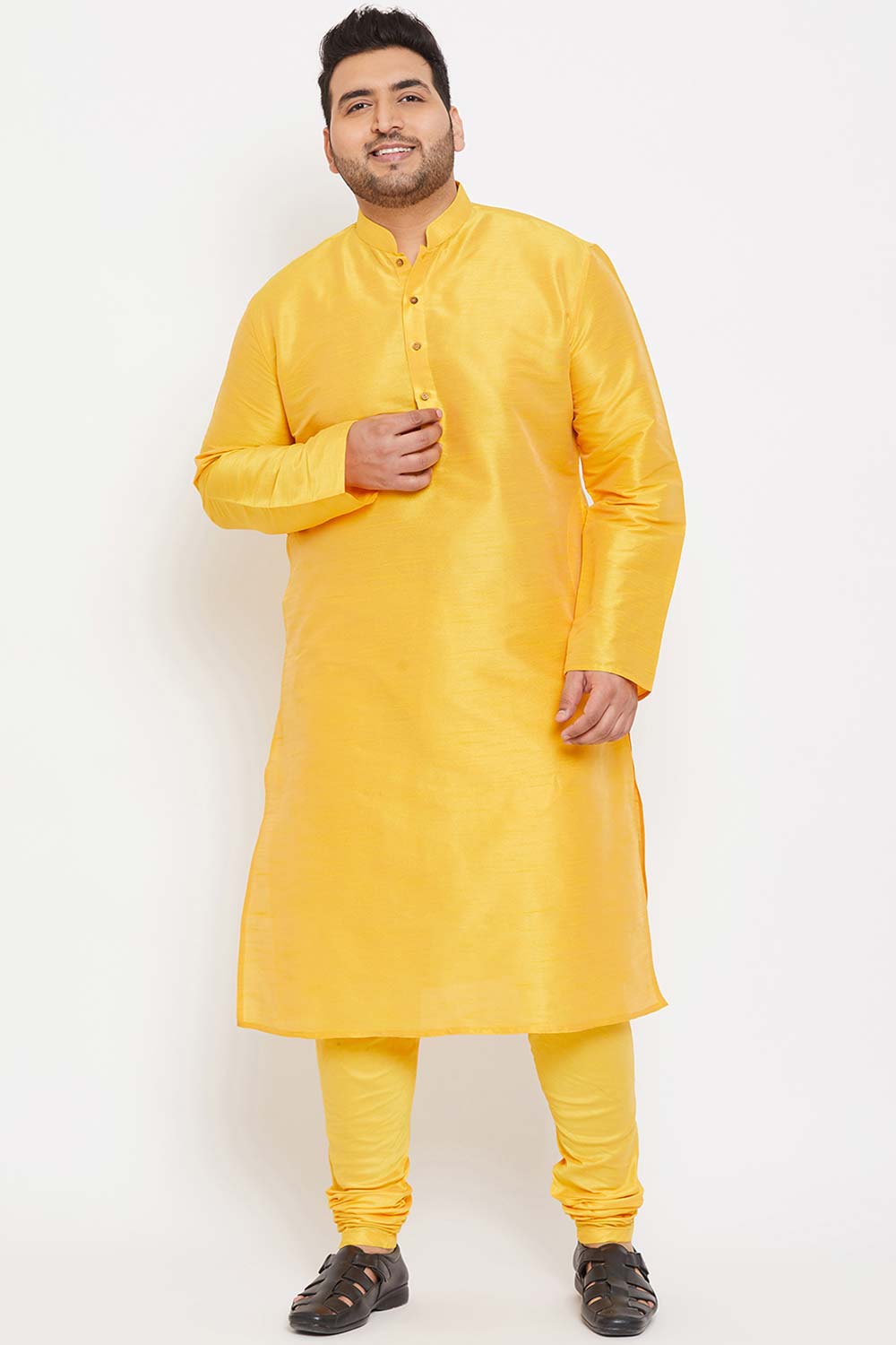 Buy Men's Silk Blend Solid Kurta Set in Yellow - Front