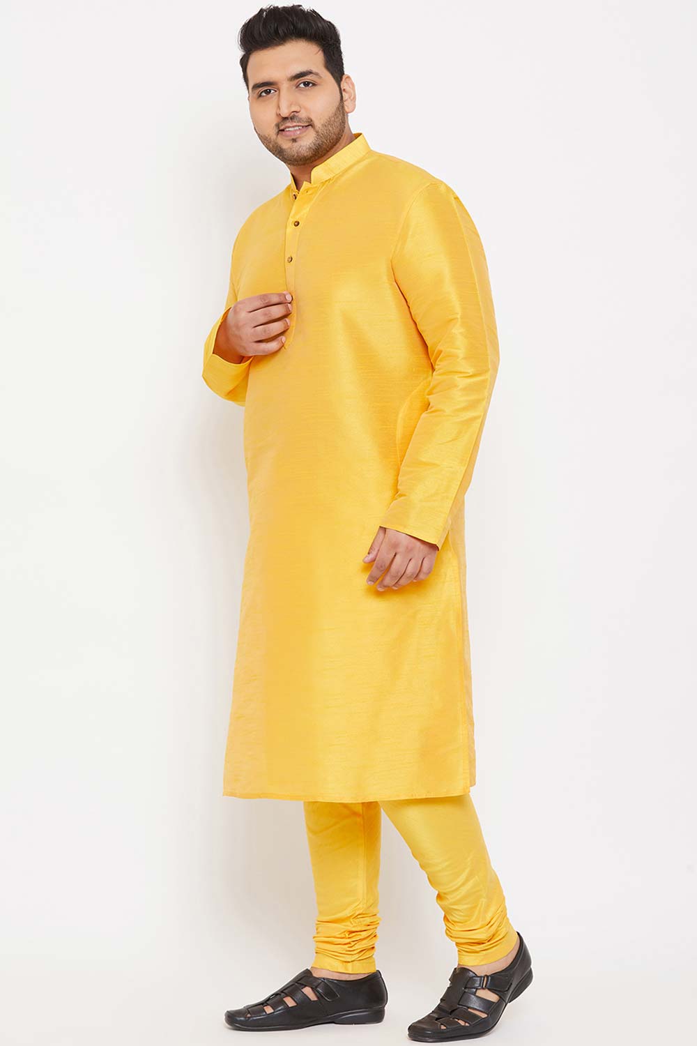 Buy Men's Silk Blend Solid Kurta Set in Yellow - Side