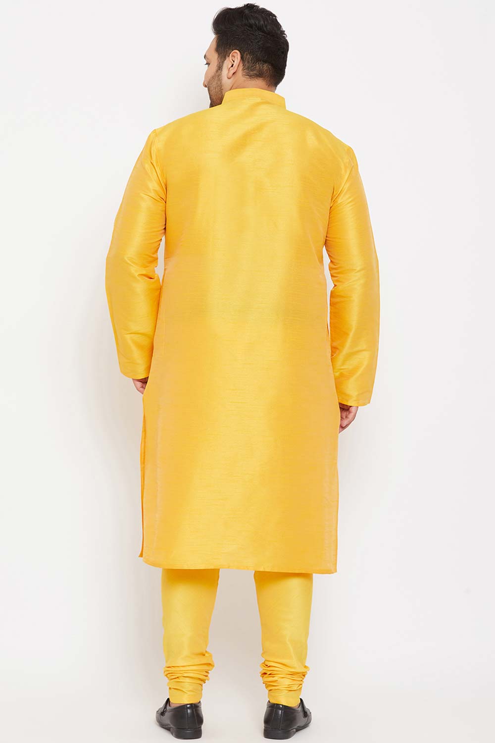 Buy Men's Silk Blend Solid Kurta Set in Yellow - Back