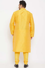 Buy Men's Silk Blend Solid Kurta Set in Yellow - Back