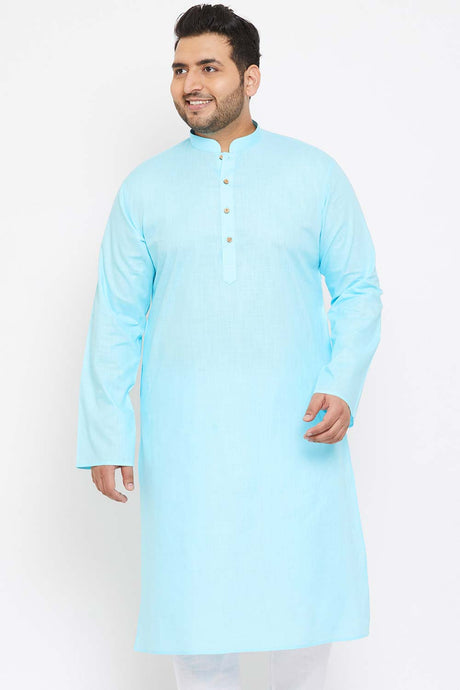 Buy Men's Cotton Blend Solid Kurta in Aqua Blue - Front