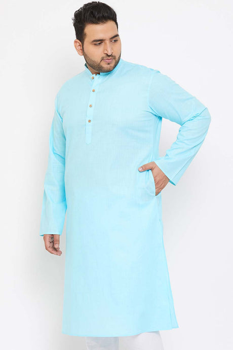 Buy Men's Cotton Blend Solid Kurta in Aqua Blue - Side