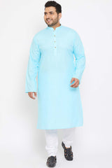 Buy Men's Cotton Blend Solid Kurta Set in Aqua Blue - Front