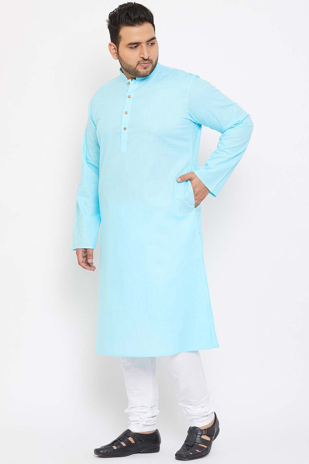 Buy Men's Cotton Blend Solid Kurta Set in Aqua Blue - Side