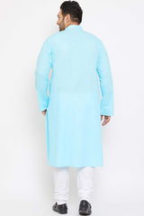 Buy Men's Cotton Blend Solid Kurta Set in Aqua Blue - Back