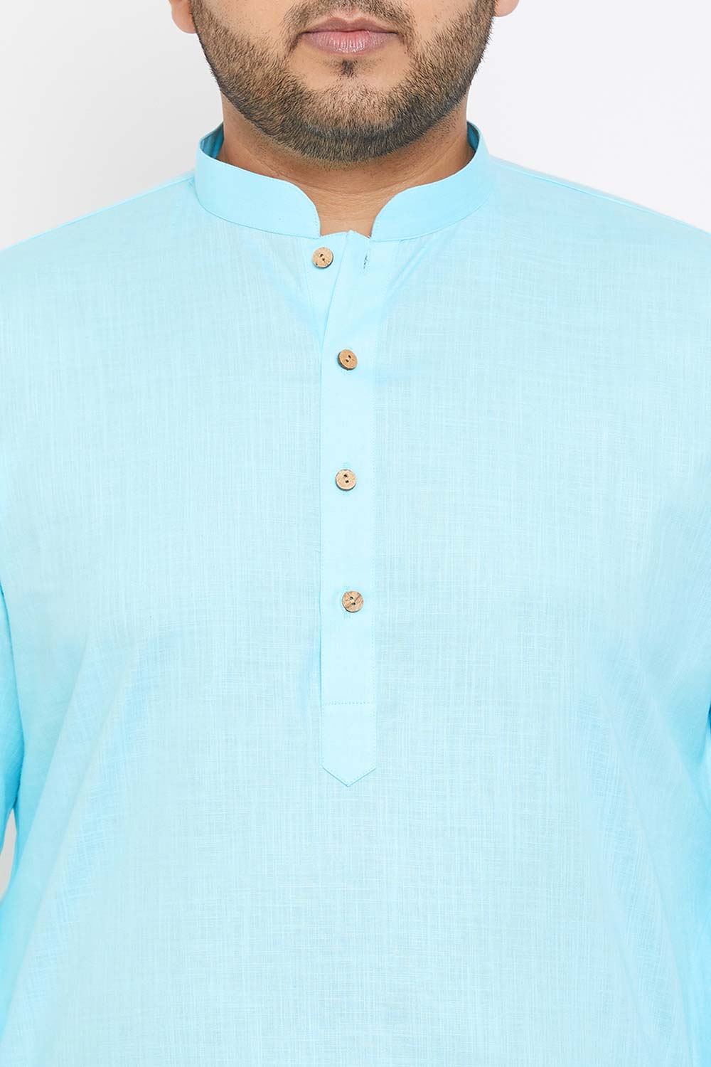 Buy Men's Cotton Blend Solid Kurta Set in Aqua Blue - Zoom in