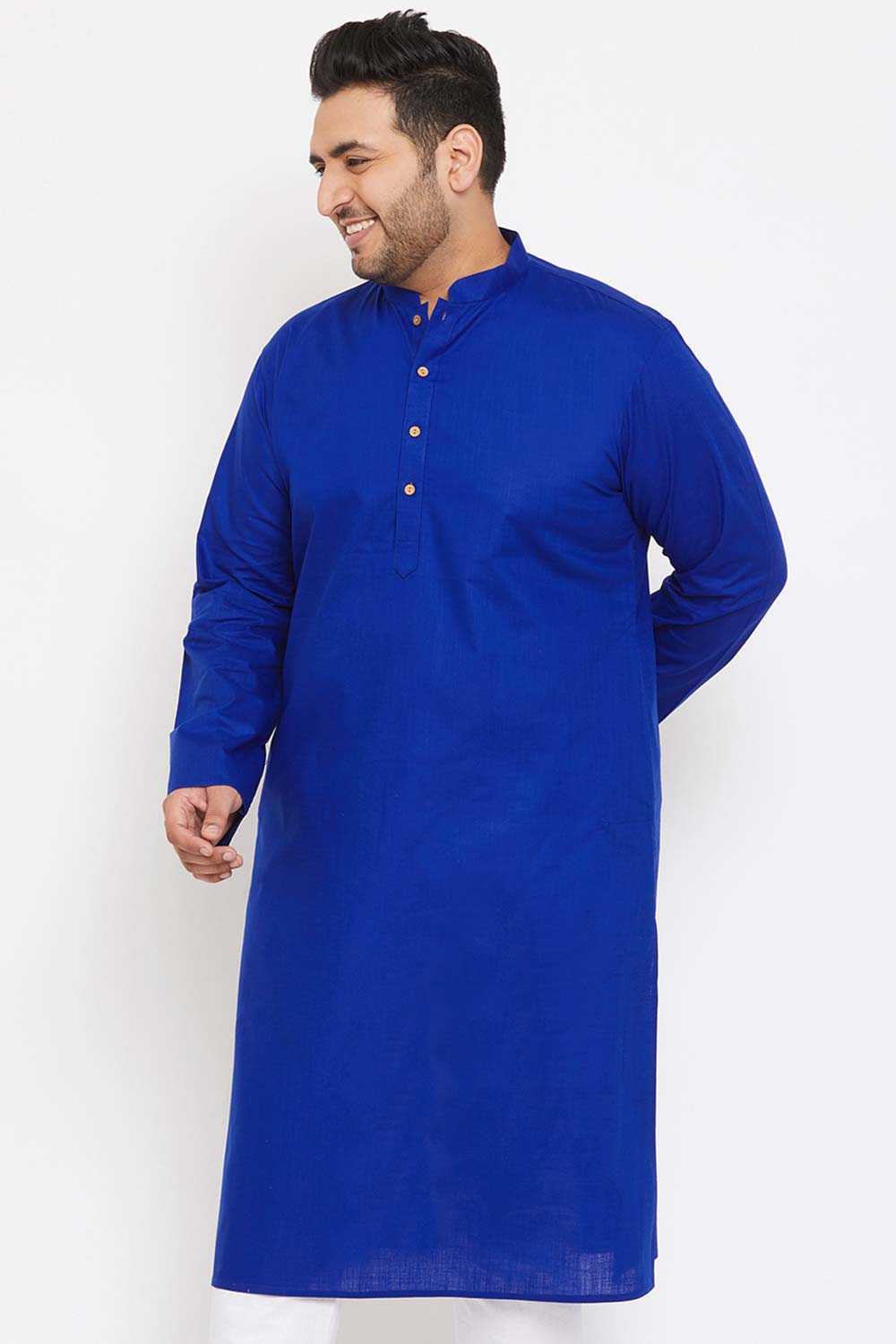 Buy Men's Cotton Blend Solid Kurta in Blue - Side