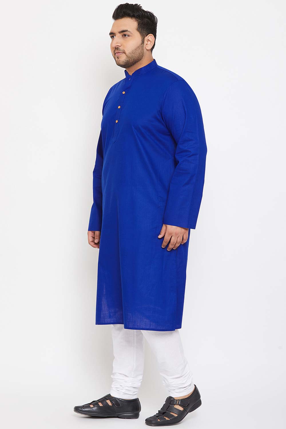 Buy Men's Cotton Blend Solid Kurta Set in Blue - Side