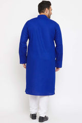 Buy Men's Cotton Blend Solid Kurta Set in Blue - Back