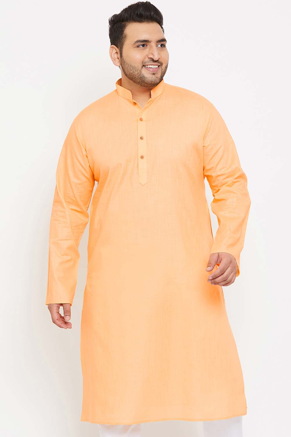 Buy Men's Cotton Blend Solid Kurta in Fawn - Front