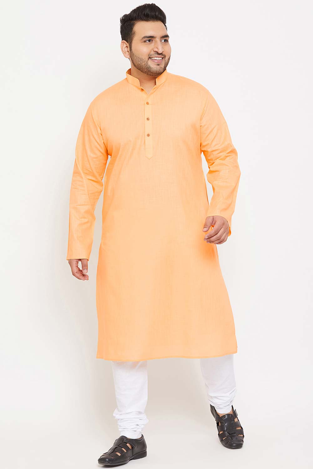 Buy Men's Cotton Blend Solid Kurta in Fawn - Zoom Out