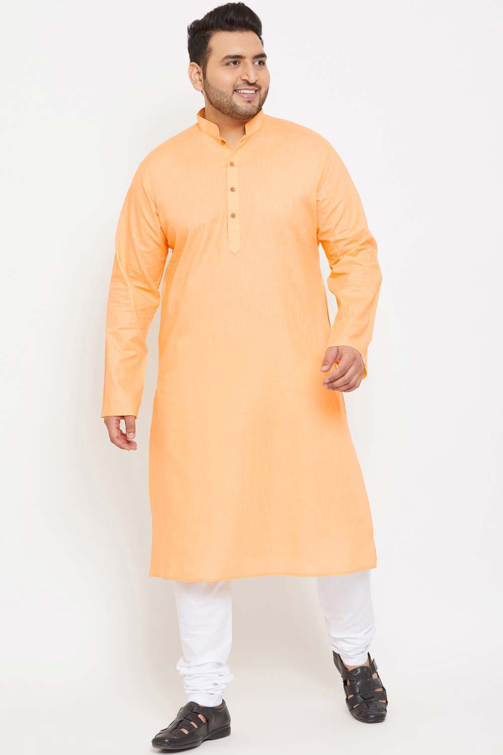 Buy Men's Cotton Blend Solid Kurta Set in Fawn - Front