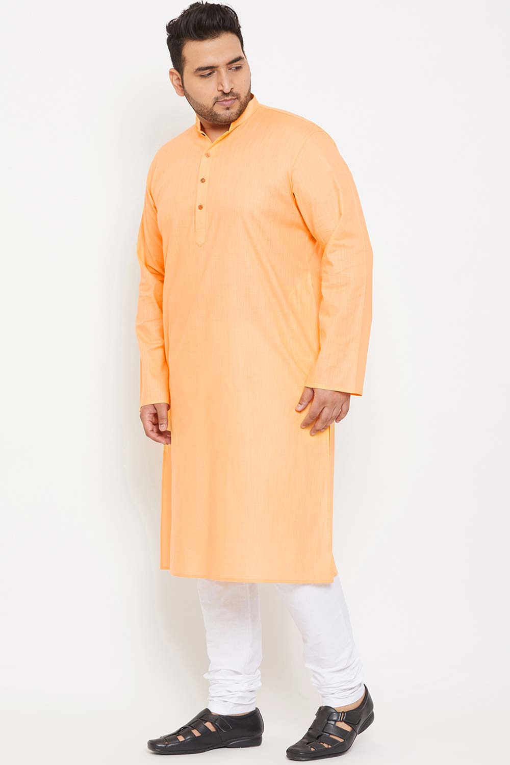 Buy Men's Cotton Blend Solid Kurta Set in Fawn - Side