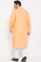 Buy Men's Cotton Blend Solid Kurta Set in Fawn - Back