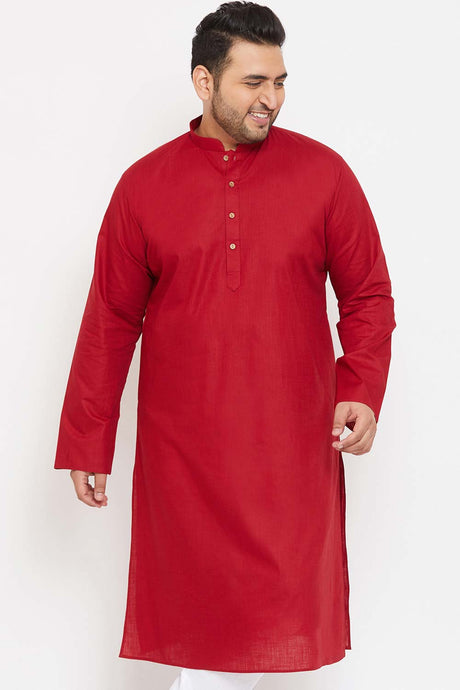 Buy Men's Cotton Blend Solid Kurta in Maroon - Front