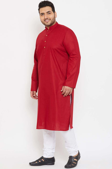 Buy Men's Cotton Blend Solid Kurta Set in Maroon - Side