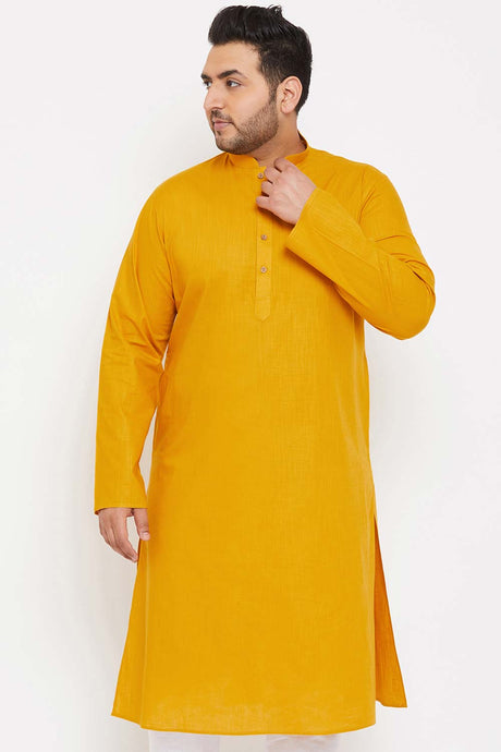 Buy Men's Cotton Blend Solid Kurta in Mustard - Front