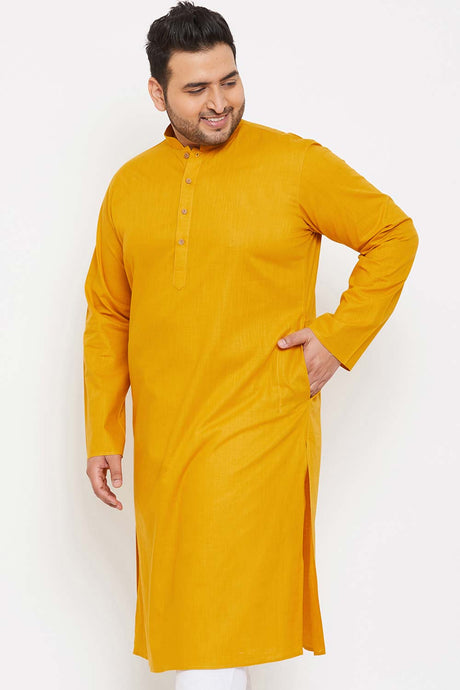 Buy Men's Cotton Blend Solid Kurta in Mustard - Side