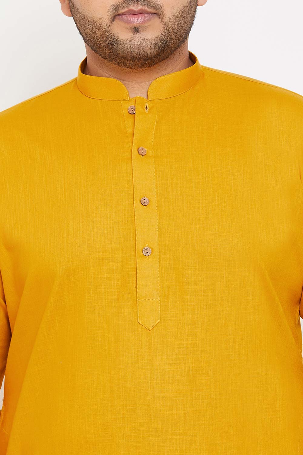 Buy Men's Cotton Blend Solid Kurta in Mustard - Zoom in