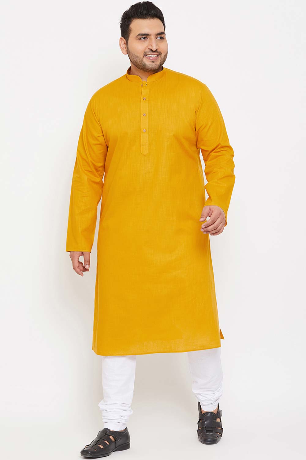 Buy Men's Cotton Blend Solid Kurta in Mustard - Zoom Out
