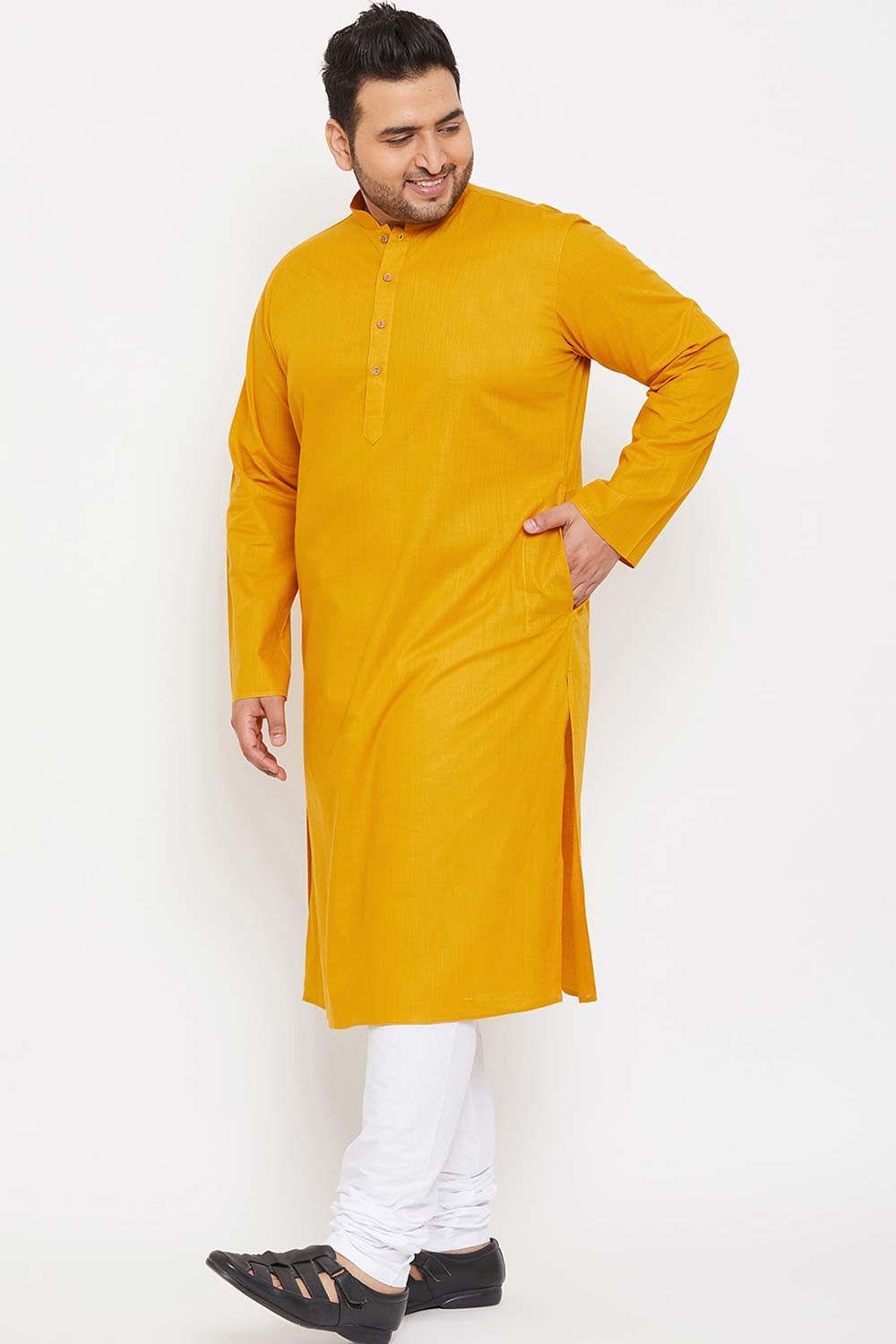 Buy Men's Cotton Blend Solid Kurta Set in Mustard - Side